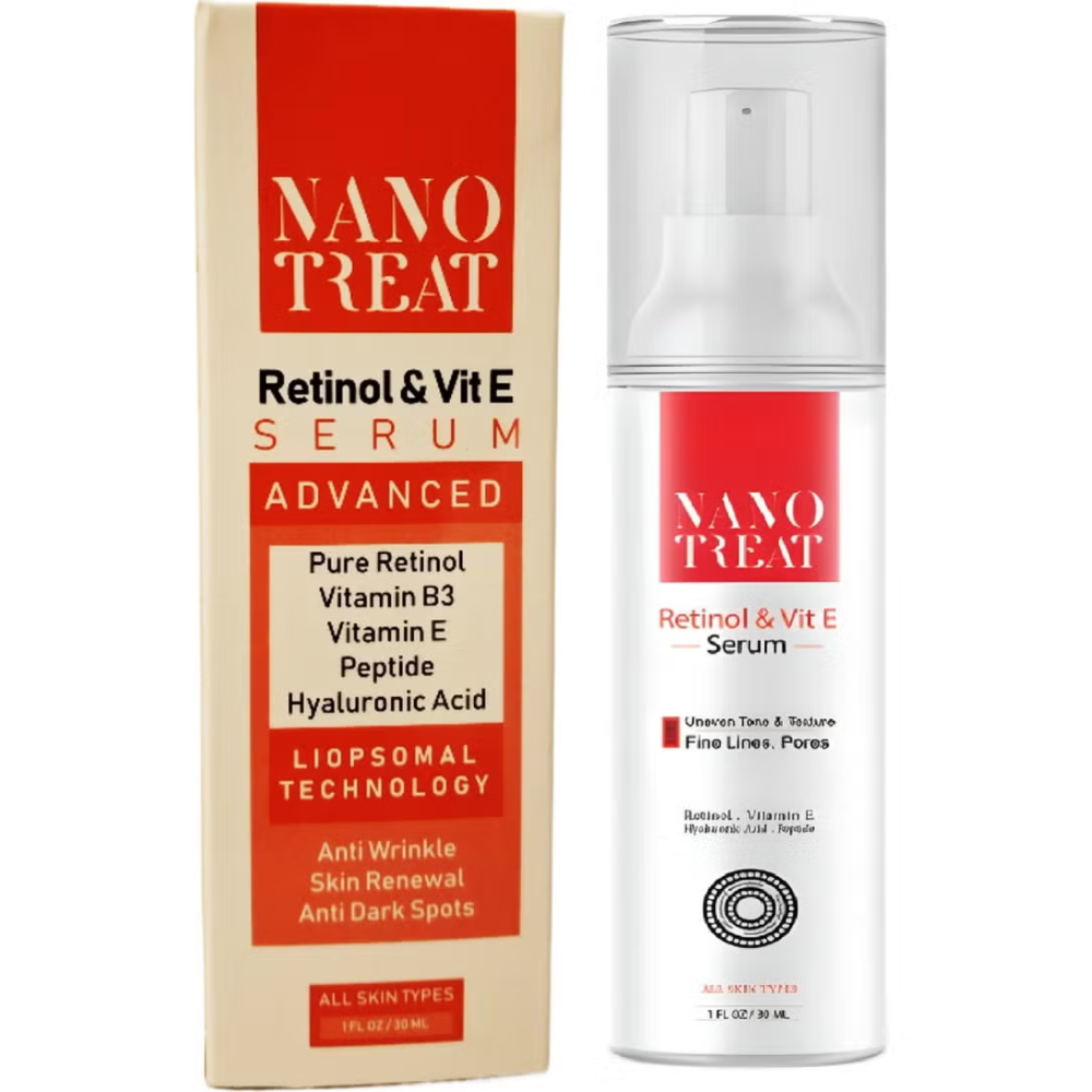 Nano Treat Retinol and Vitamin E facial serum in a 30ml bottle, designed for skincare and anti-aging benefits.