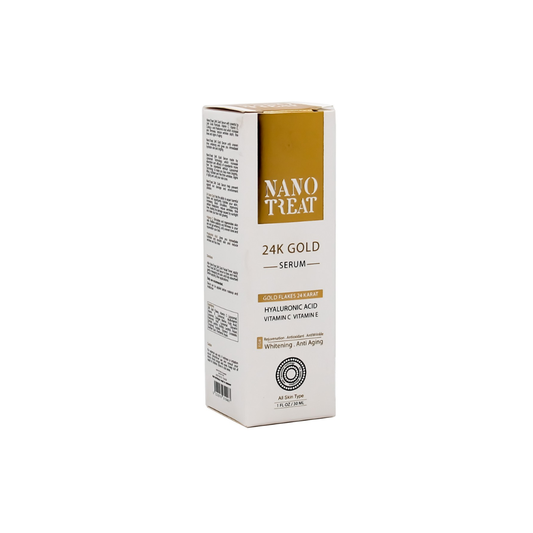 Nano Treat 24k Gold Serum in a 30ml bottle, facial care product with a sleek design and gold accents.