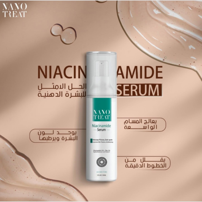 Nano Treat Niacinamide Serum 30ml bottle, facial care product with clear dropper, designed for skin brightening and pore reduction.