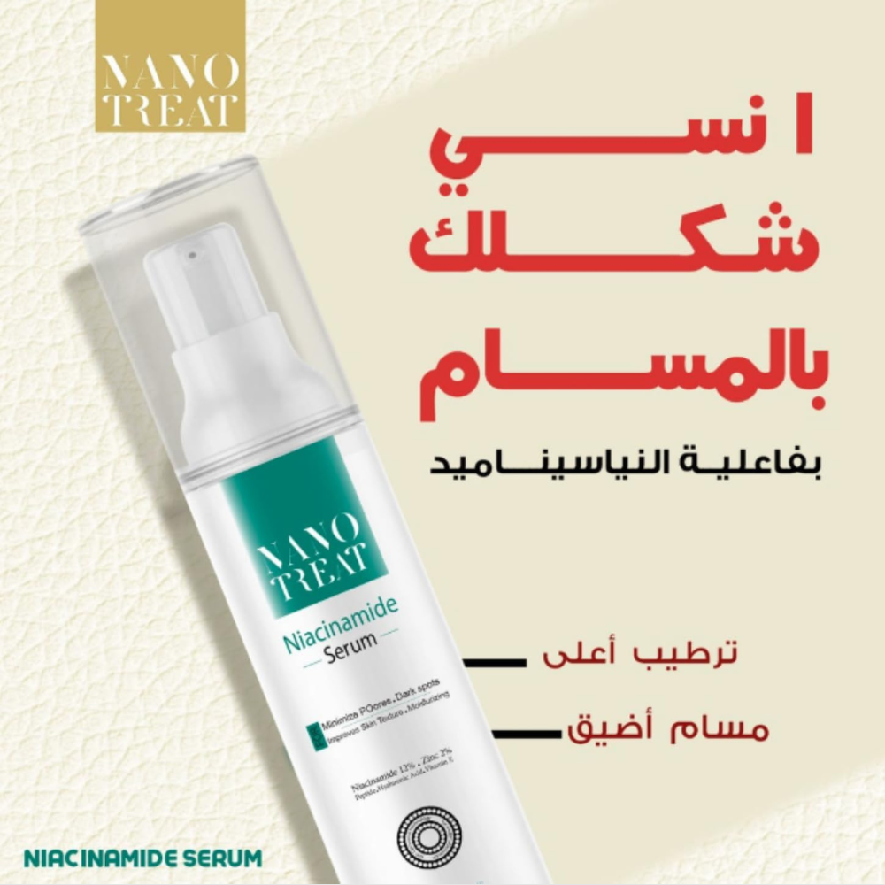 Nano Treat Niacinamide Serum 30 ml in a clear dropper bottle, designed for facial skincare and hydration.