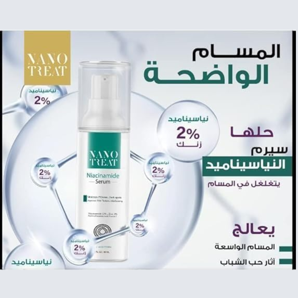 Nano Treat Niacinamide Serum 30ml bottle with dropper for facial skincare, featuring clear labeling and sleek design.