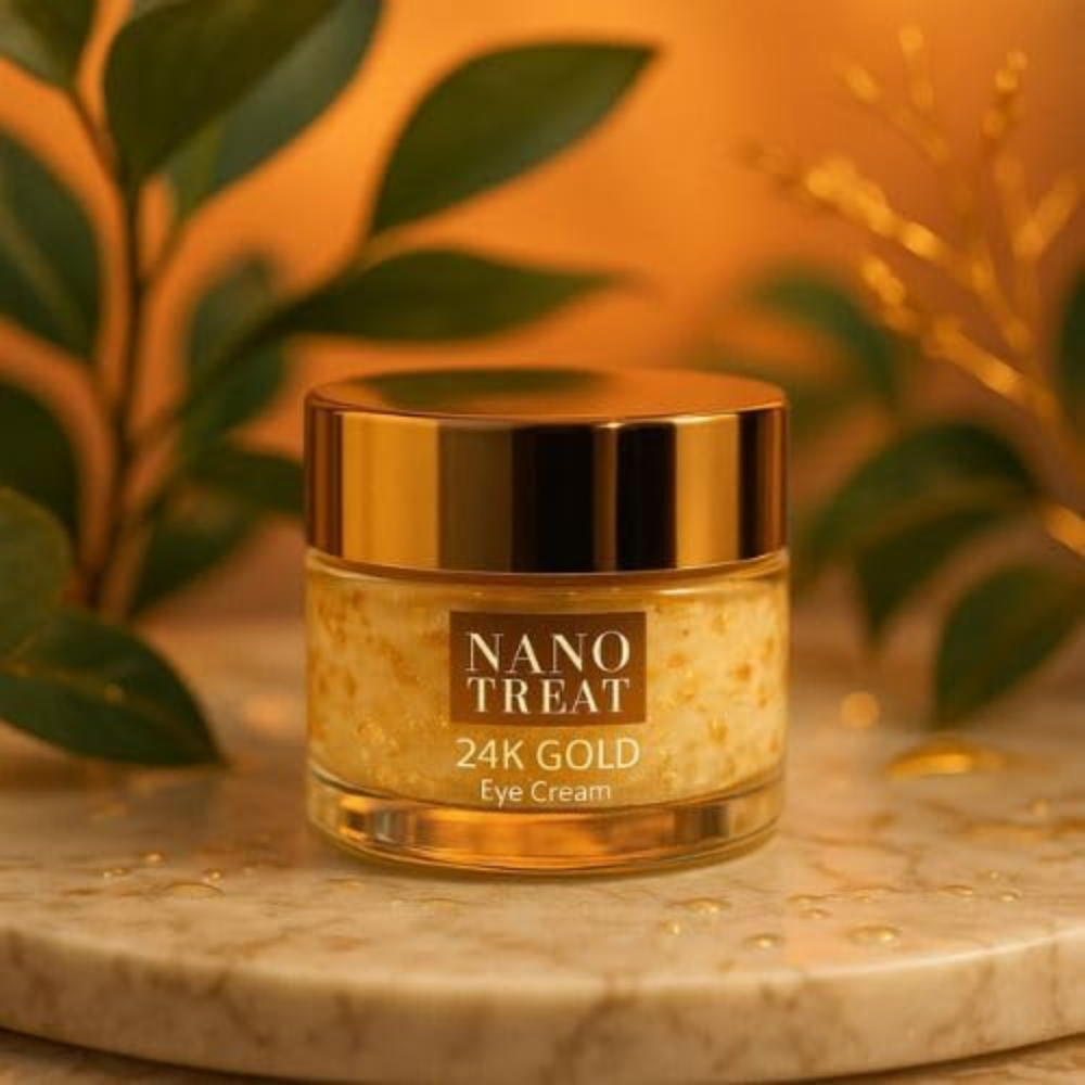 Nano Treat 24K Gold Eye Cream in 15g jar, designed to reduce dark circles, puffiness, and wrinkles around the eyes.