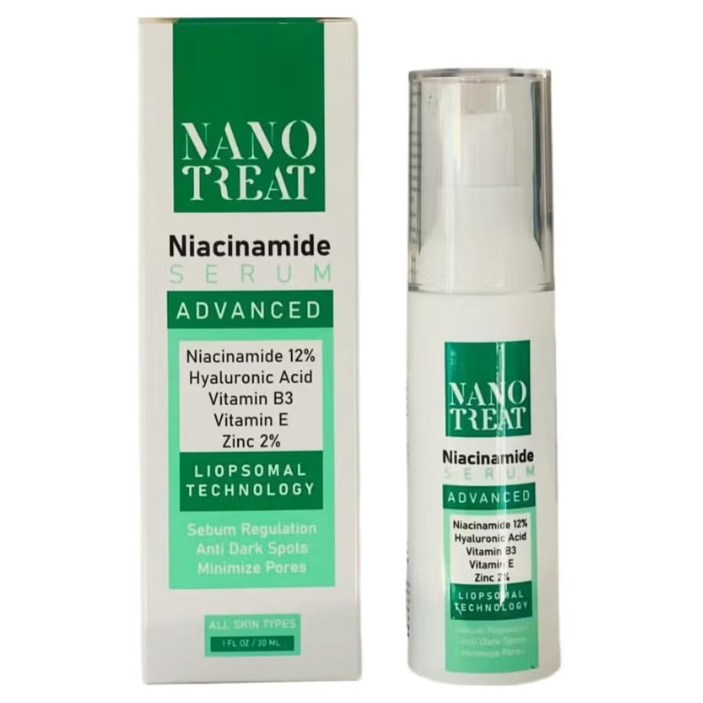 Nano Treat Niacinamide Serum 30ml bottle with dropper for facial care, clear liquid serum in a sleek blue and white packaging.