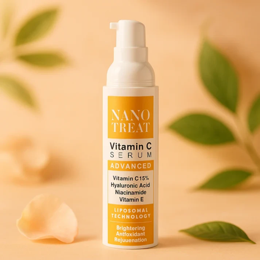 Nano Treat Vitamin C Serum 30 ml in a clear dropper bottle, ideal for facial skin brightening and antioxidant skincare.