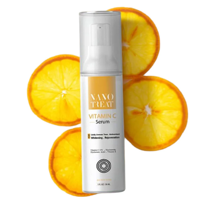 Nano Treat Vitamin C Serum 30 ml bottle, facial care product with clear dropper, highlighting brightening skincare benefits.