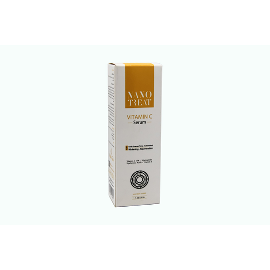 Nano Treat Vitamin C Serum in a 30 ml bottle, facial care product with clear dropper and bright orange packaging.