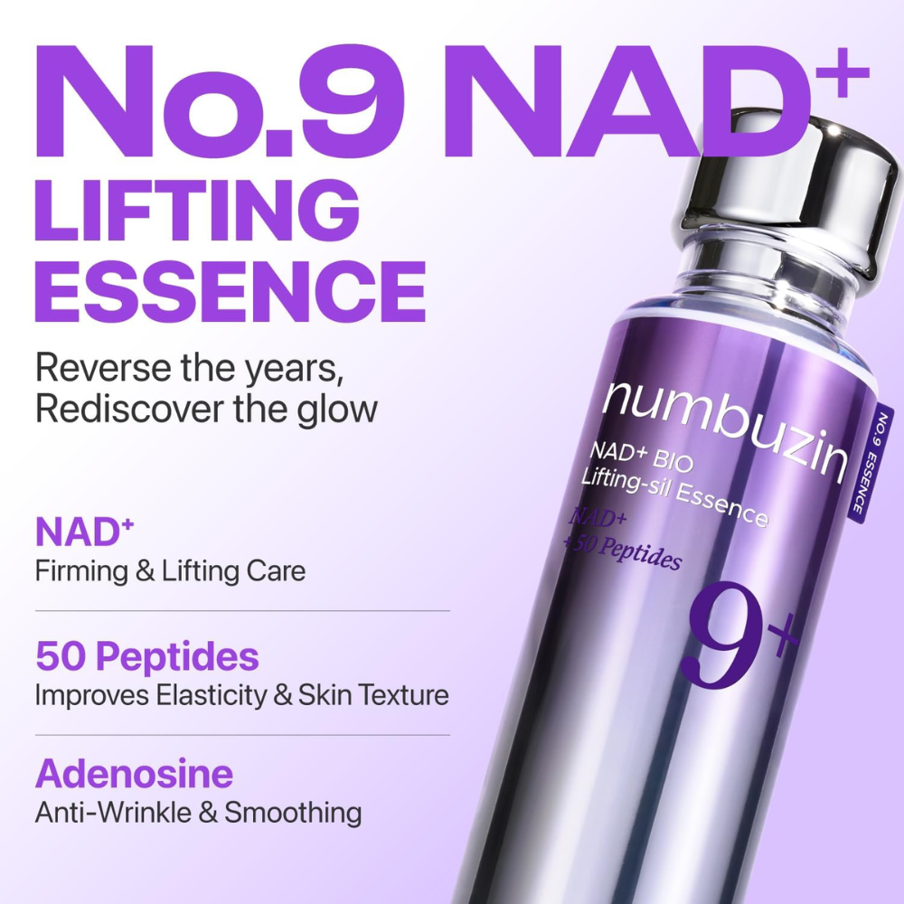 Numbuzin Nad Bio Lifting-Sil Essence 9+ facial serum bottle, 50ML, featuring sleek packaging and product name on the label.