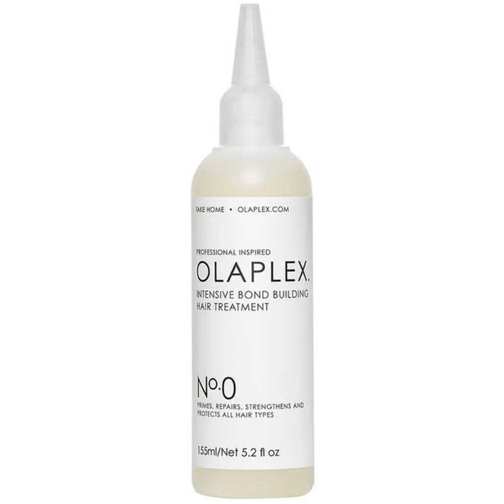 Olaplex No. 0 Intensive Bond Building Hair Treatment 155mL, hair care product in a white bottle with black cap.