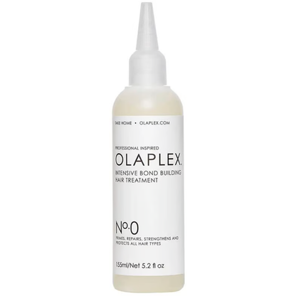 Olaplex No. 0 Intensive Bond Building Hair Treatment 155mL, hair care product in a white bottle with black cap.