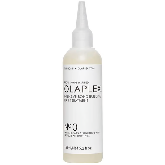 Olaplex No. 0 Intensive Bond Building Hair Treatment 155mL, hair care product in a white bottle with black cap.