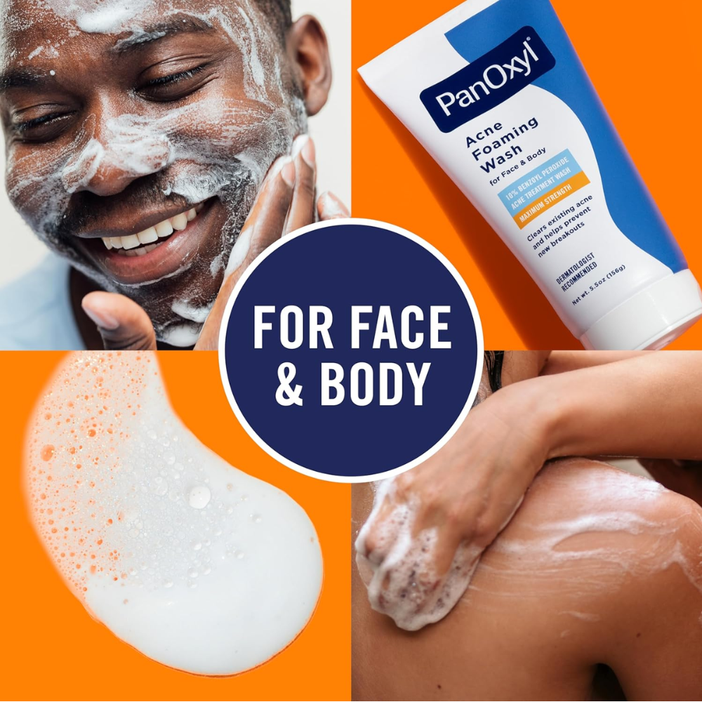 PanOxyl Acne Foaming Wash with 10% Benzoyl Peroxide, antimicrobial facial cleanser in 156g (5.5 oz) tube, for acne treatment.