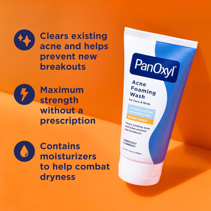 PanOxyl Acne Foaming Wash with 10% benzoyl peroxide, antimicrobial facial cleanser in a 156g (5.5 oz) bottle.