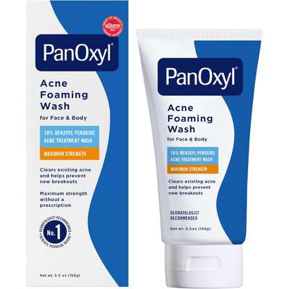 PanOxyl Acne Foaming Wash with 10% Benzoyl Peroxide, antimicrobial facial cleanser in a 156g (5.5 oz) bottle.
