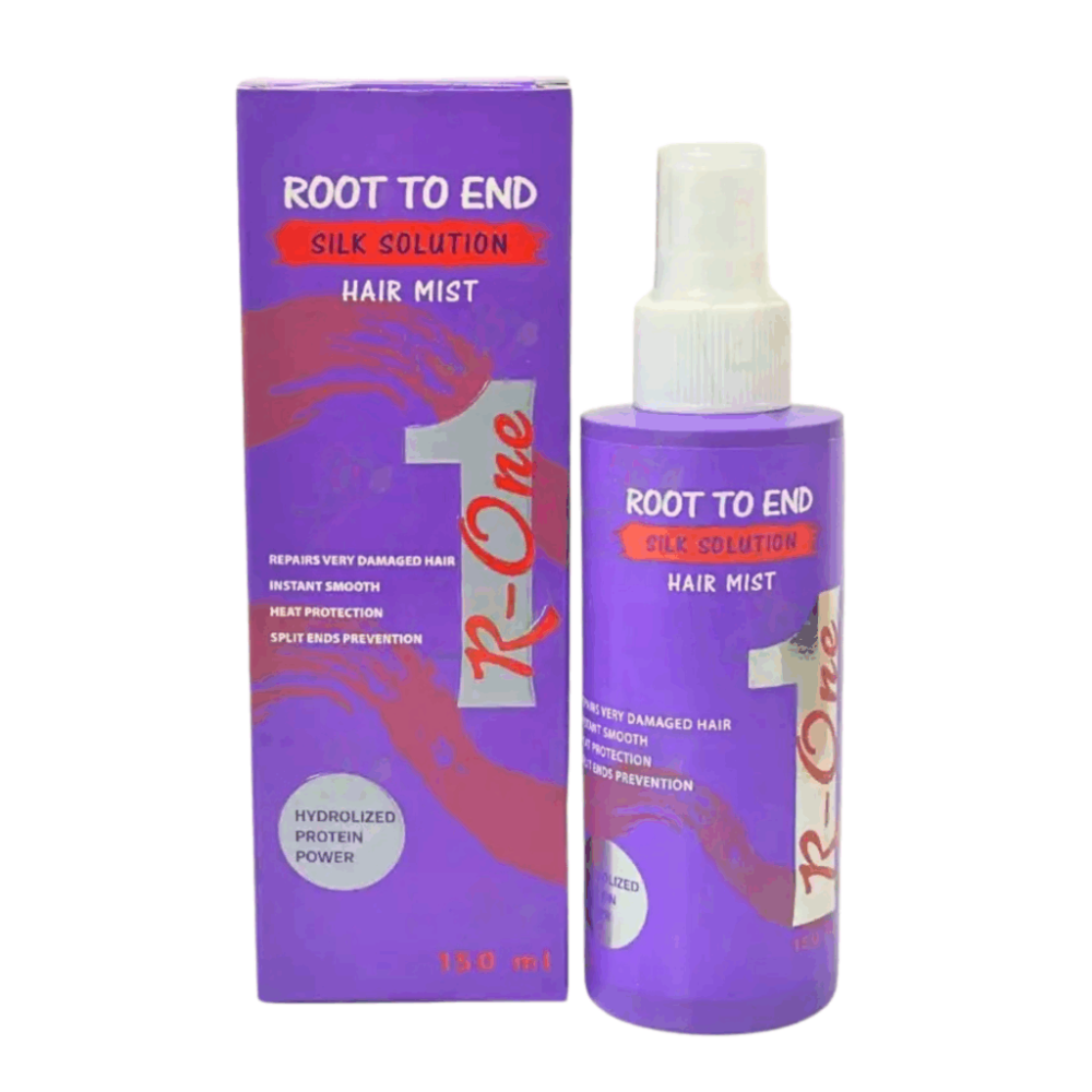 Root to End Silk Solution Hair Mist in 150ml spray bottle, lightweight hair care spray for shine and smoothness.