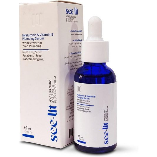 See Lit hyaluronic acid and vitamin B facial serum in a 30ml bottle showing the product label and applicator tip.