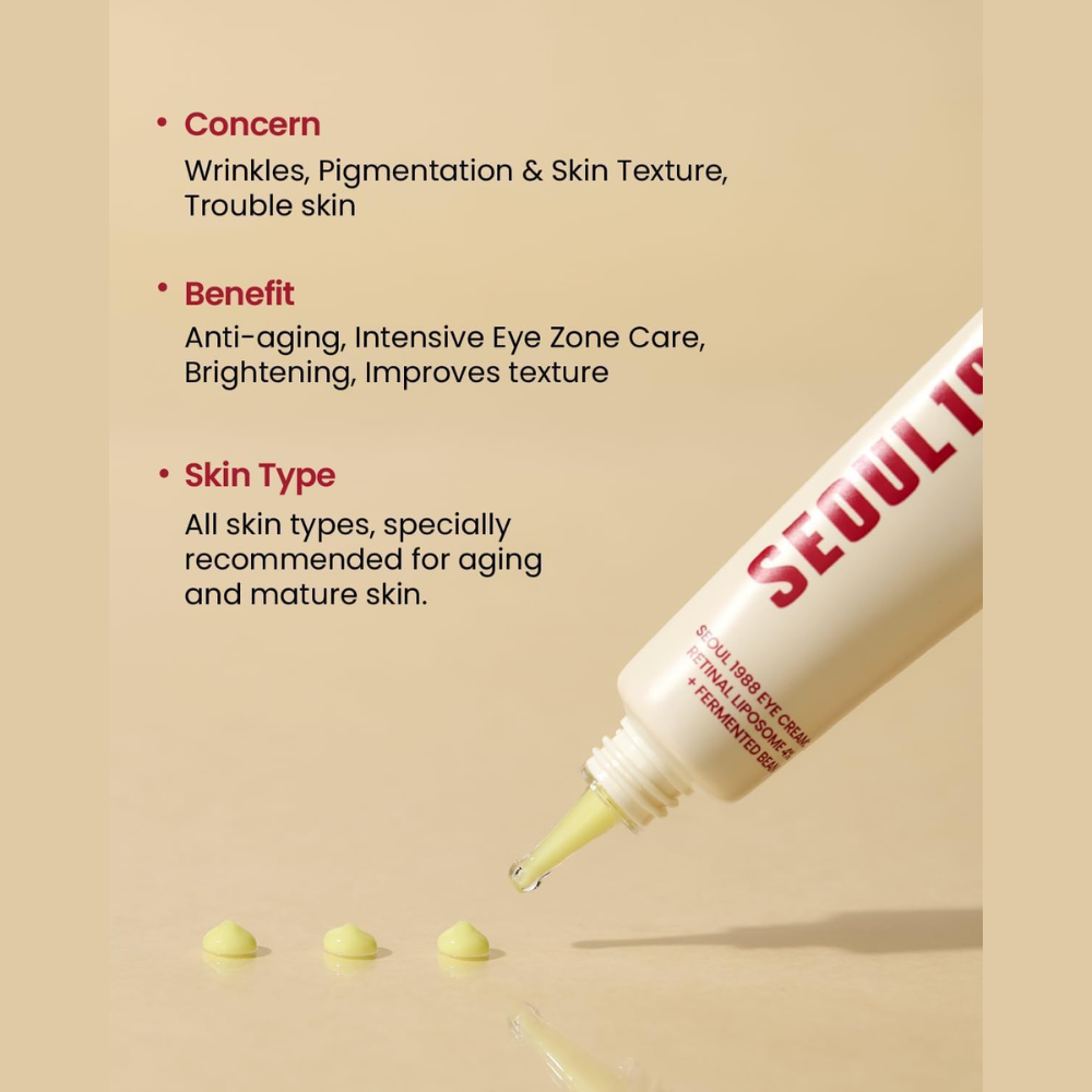 SEOUL 1988 Retinal Eye Cream with retinal liposome 4% and fermented bean for wrinkle care, anti-aging, brightening, and skin elasticity.
