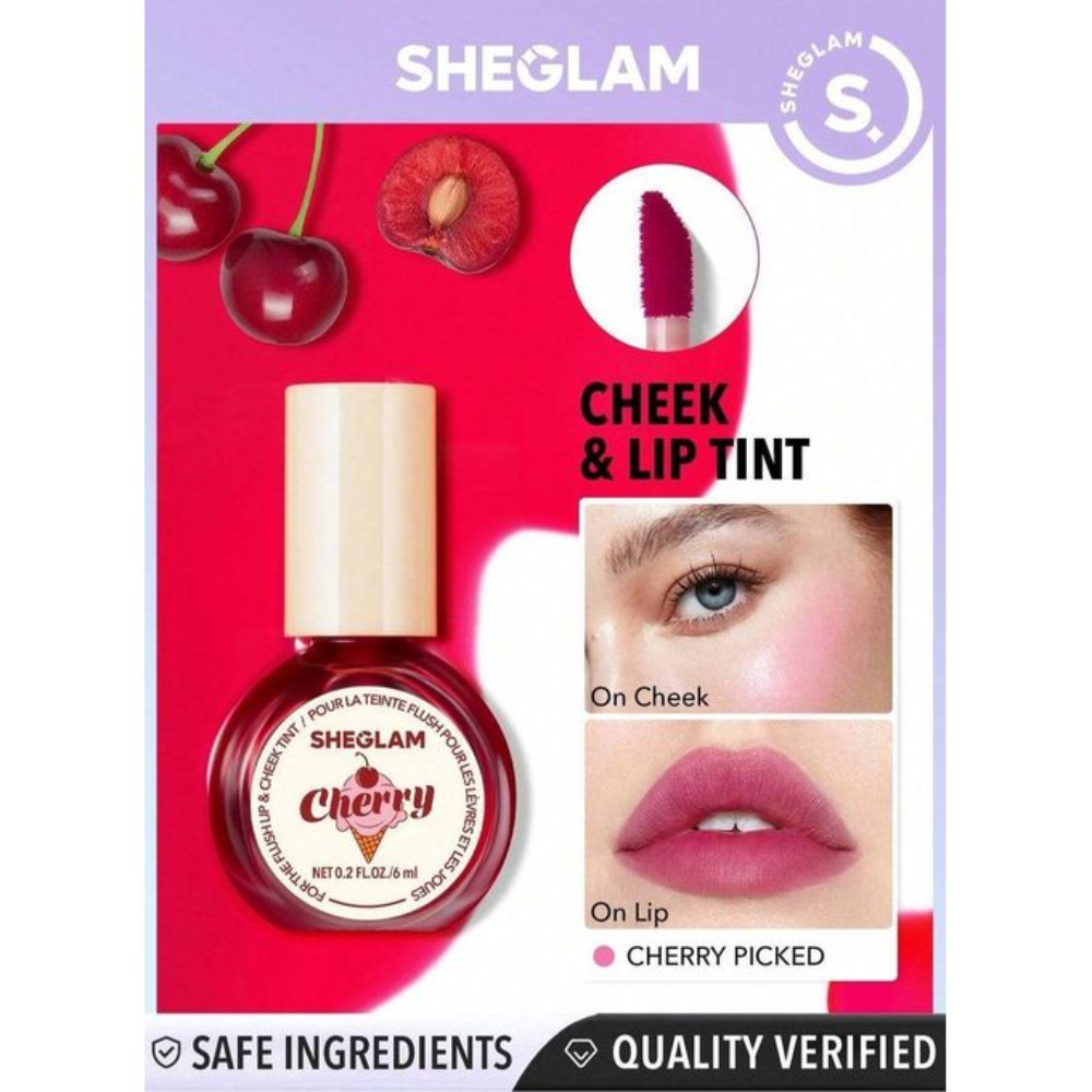 SHEGLAM For The Flush Lip and Cheek Tint in Cherry Picked Pink, a makeup product featuring a vibrant pink tint for lips and cheeks.
