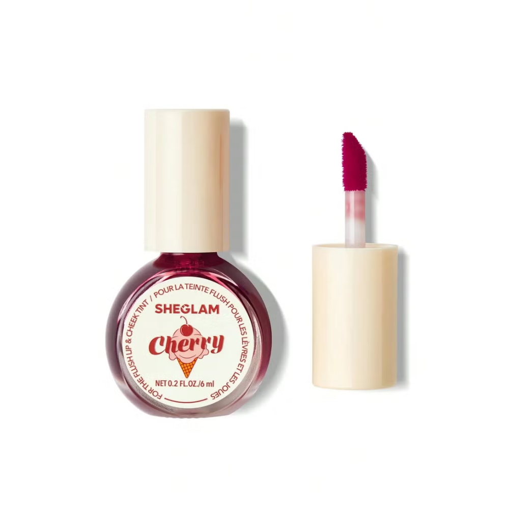 Sheglam For The Flush lip and cheek tint in Cherry Picked Pink, showing the compact makeup product with a pink tint container.