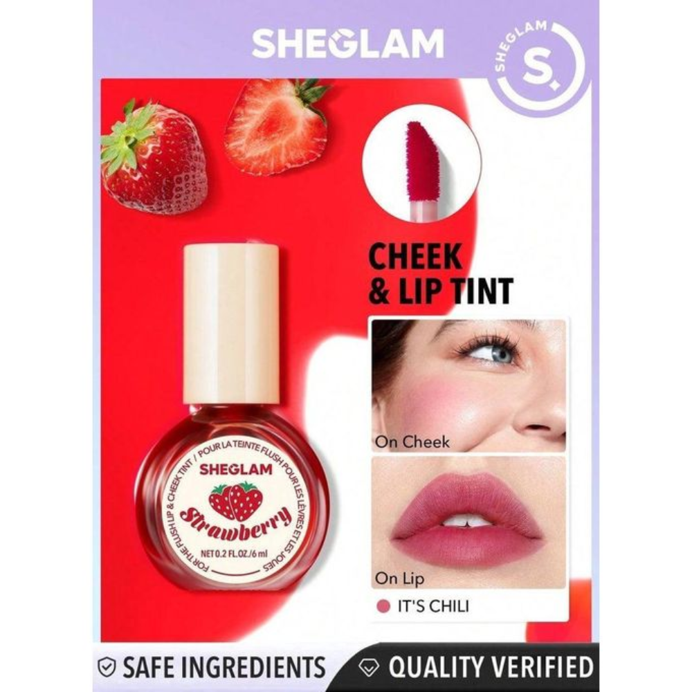 Sheglam For The Flush Lip and Cheek Tint in Its Chili, showing the vibrant red and orange makeup product applied on lips and cheeks.
