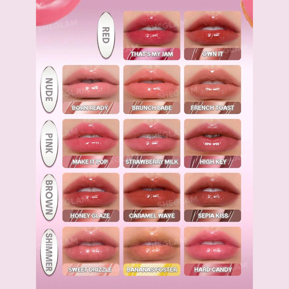 Sheglam Glass Lock Air Gloss in Brunch Babe, a makeup product with a glossy, clear lip gloss tube featuring a silver cap.