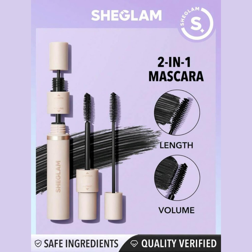 Sheglam Lash Besties 2-in-1 mascara tube showing the makeup product with a sleek design and applicator brush.