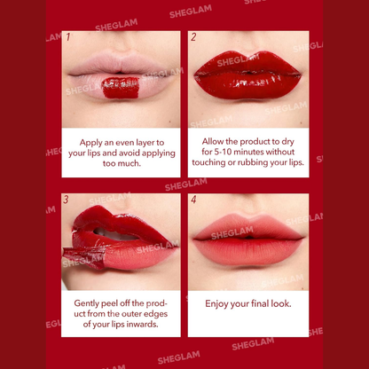 Sheglam Peel Talk Lip Tint in Celeb Crush, vibrant highly pigmented transfer-proof lip stain and peel-off liner on lips.