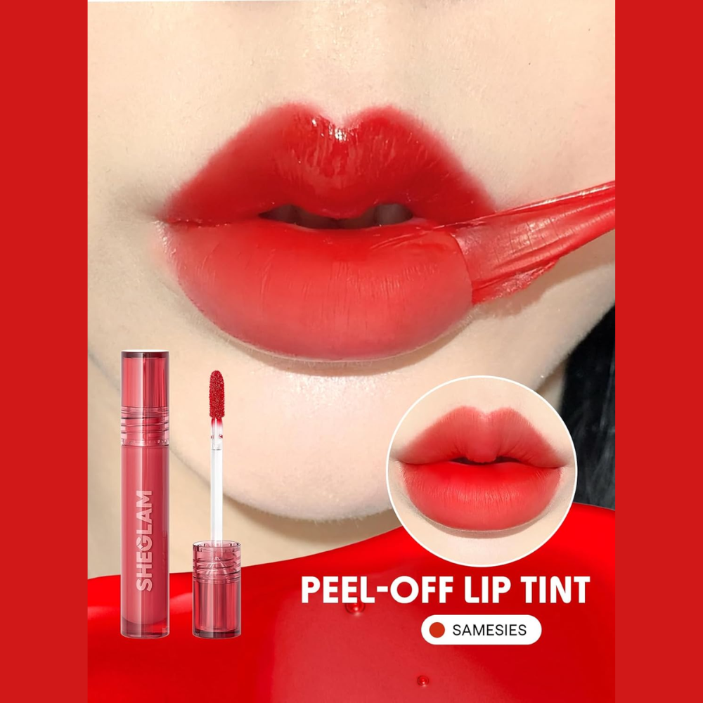 SHEGLAM Peel Talk Lip Tint transfer-proof, highly pigmented peel-off lip stain in a vibrant color, displayed on lips with applicator.