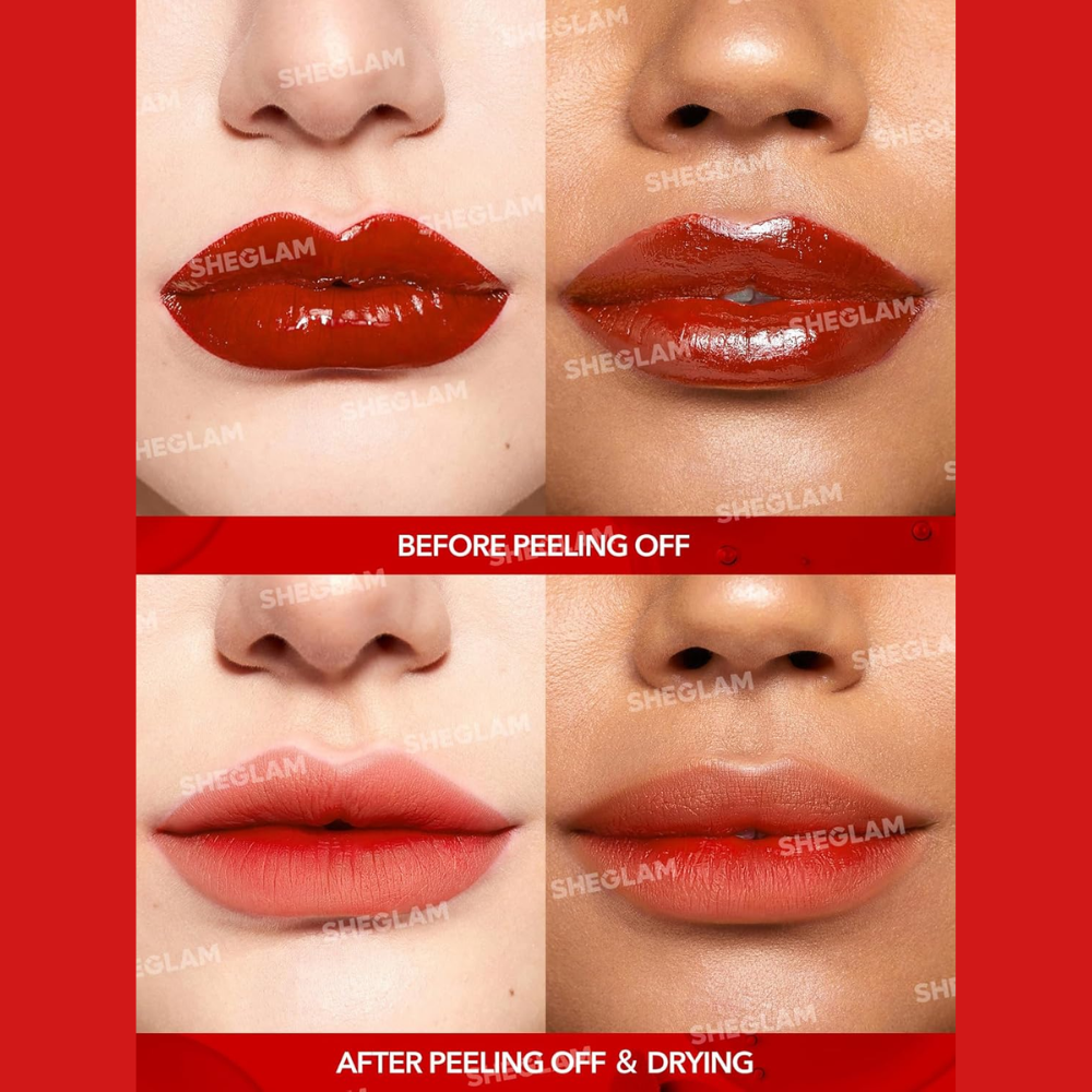 Sheglam Peel Talk Lip Tint showing vibrant, transfer-proof, highly pigmented color and peel-off lip stain liner on lips.