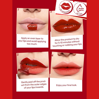 Sheglam Peel Talk Lip Tint with transfer-proof, highly pigmented color and peel-off lip stain liner, shown on lips in a natural makeup look.