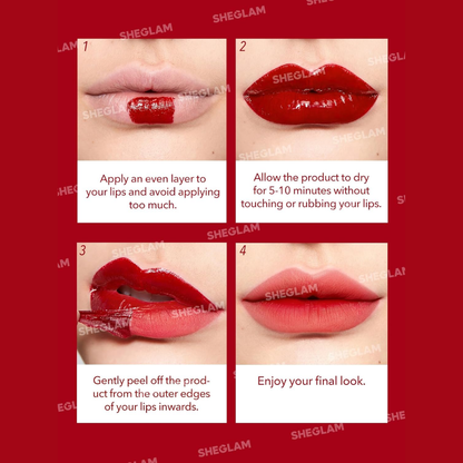 Sheglam Peel Talk Lip Tint in vibrant color, showcasing transfer-proof, peel-off lip stain with precise liner on lips.