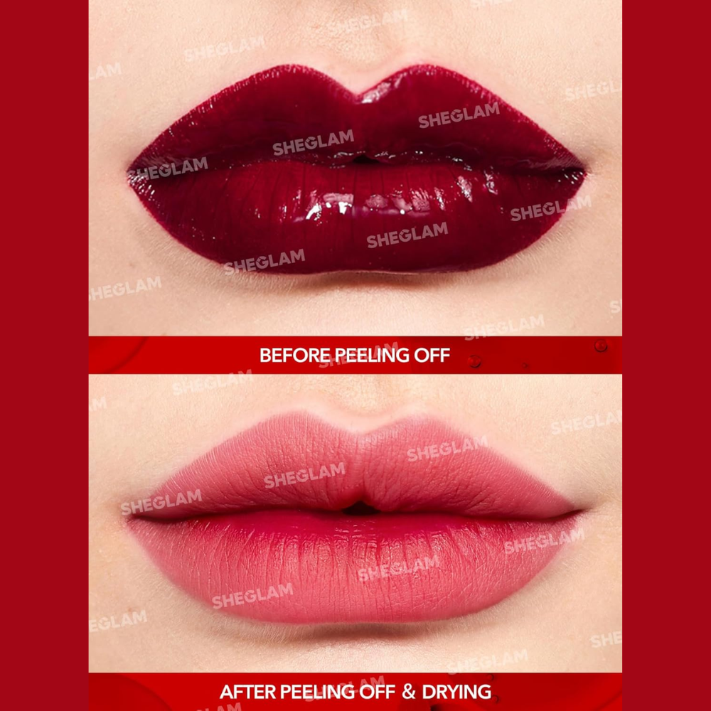 Sheglam Peel Talk Lip Tint in vibrant color, showcasing the transfer-proof, peel-off lip stain and liner on a model's lips.