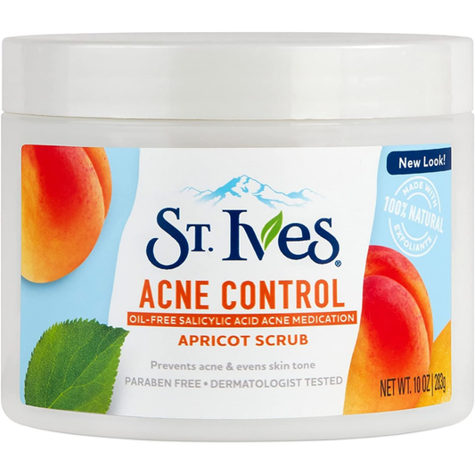 St. Ives Acne Control Apricot Scrub in 283g container, showing the facial exfoliating scrub with apricot ingredients.