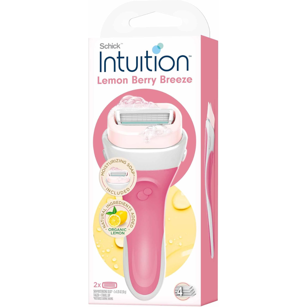 Schick Intuition Fresh Citrus Berry women’s razor with a handle and two refill cartridges for smooth body shaving.