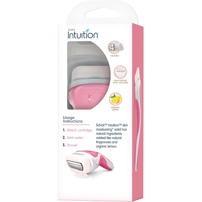 Schick Intuition Fresh Citrus Berry women's razor with built-in moisturizing system and 2 refill cartridges, shown in the image.