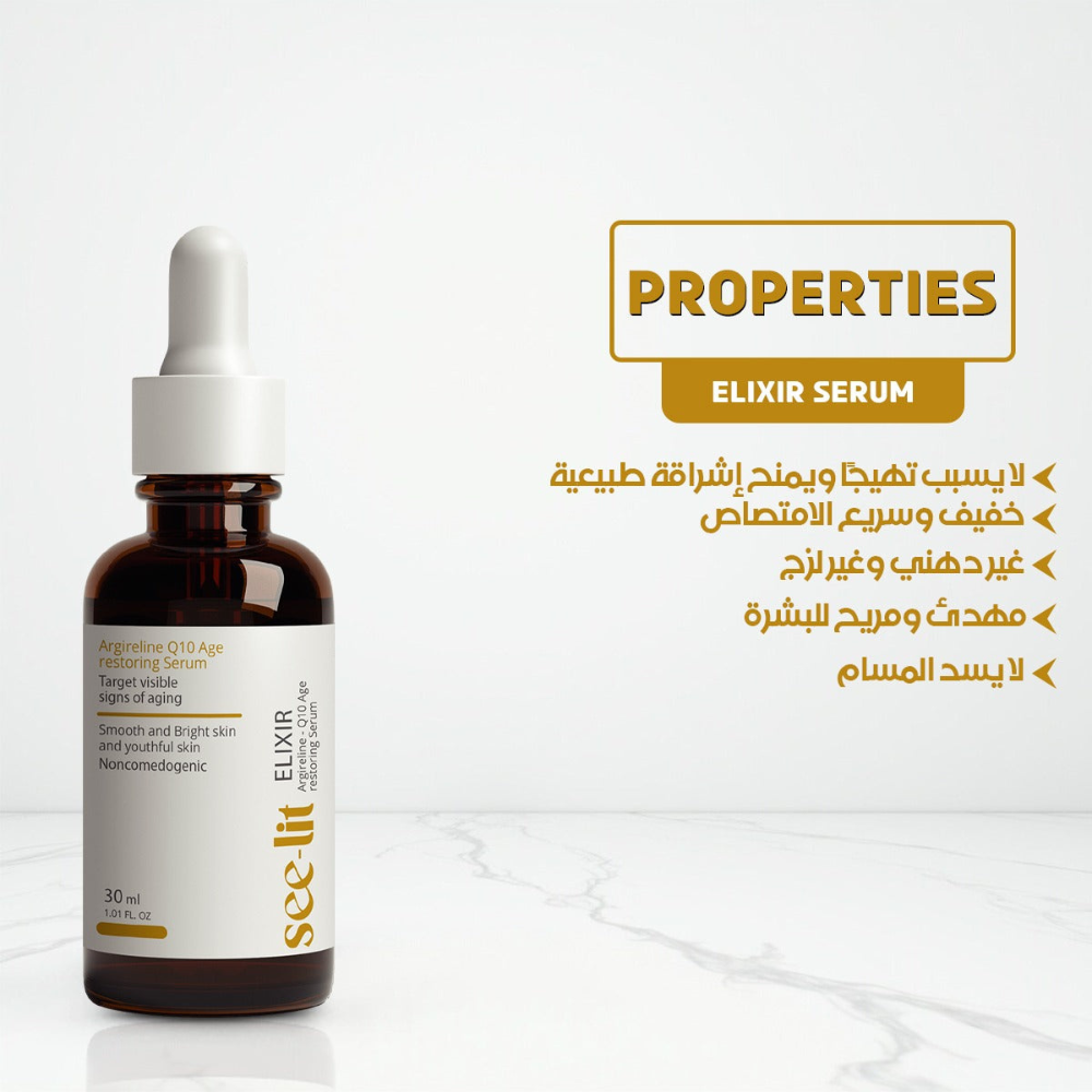 See-lit Elixir Face Serum 30ml in a clear glass bottle with a white pump dispenser, designed for facial skincare.