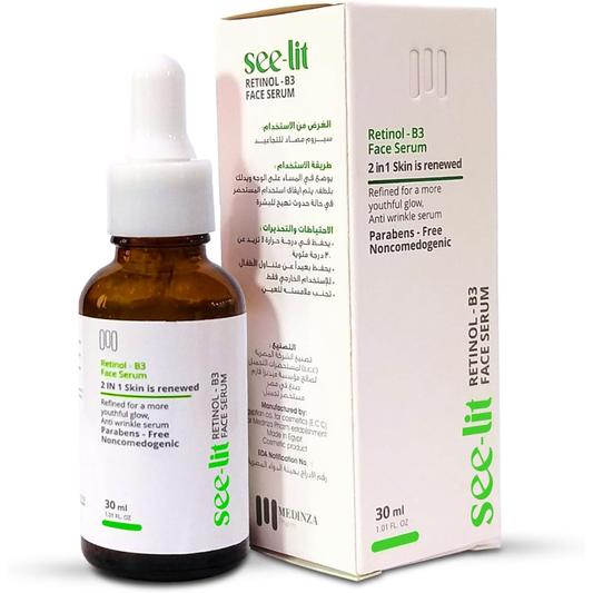 See-lit Retinol Face Serum in a 30ml bottle, a facial care product with clear liquid and dropper applicator for skincare.