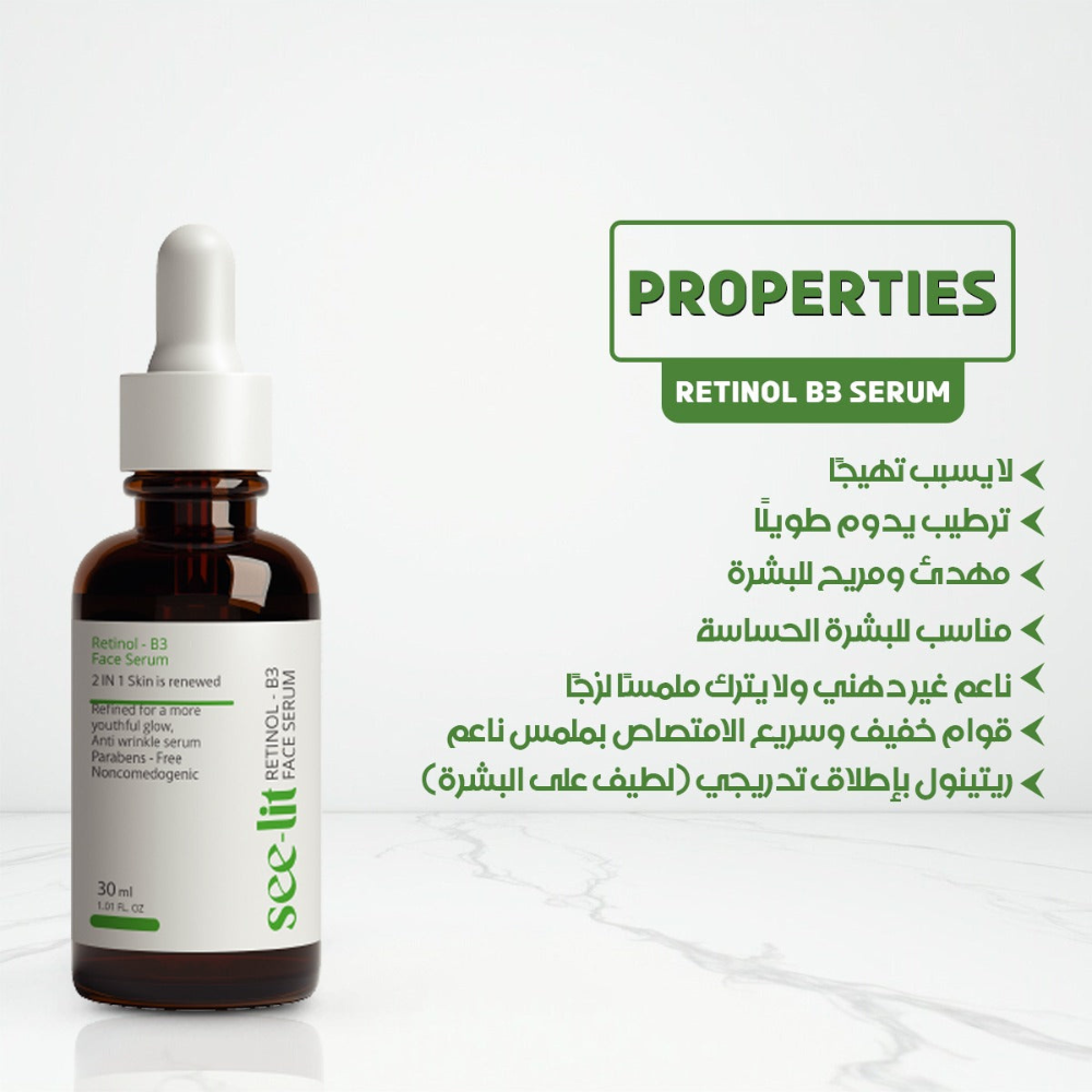 See-lit Retinol Face Serum 30ml in a clear glass bottle with dropper, designed for facial skincare and anti-aging treatment.
