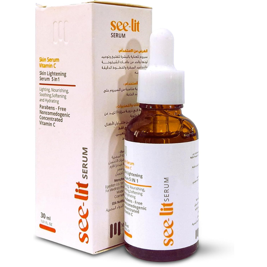 See-lit Vitamin C face serum in a 30 ml bottle, facial skincare product with a clear dropper and bright orange label.