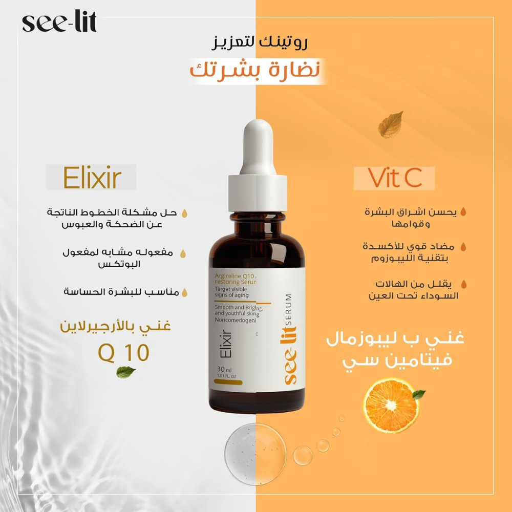 See-lit Vitamin C face serum in a 30ml bottle, featuring a clear glass container with a white dropper cap, for radiant skin.