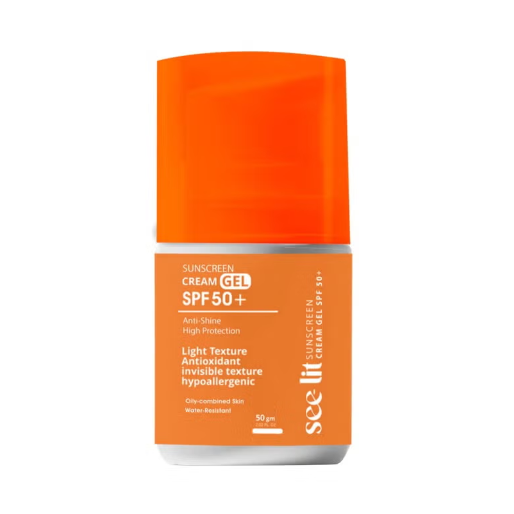 See Lit SPF50+ sunscreen cream gel in 50g tube, facial skincare product with broad-spectrum sun protection.