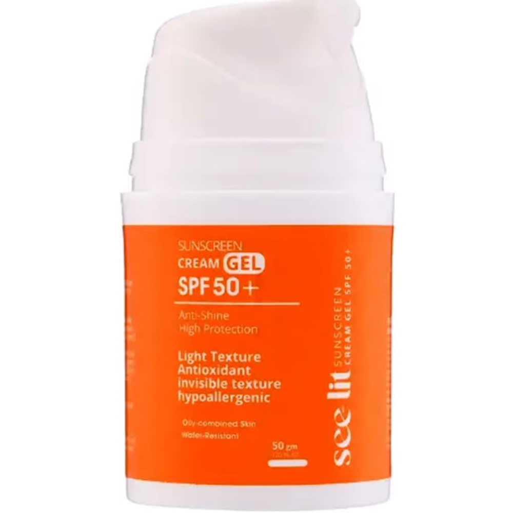 See Lit Sunscreen Cream Gel SPF50+ in 50g tube, facial skincare product with broad-spectrum sun protection and lightweight texture.