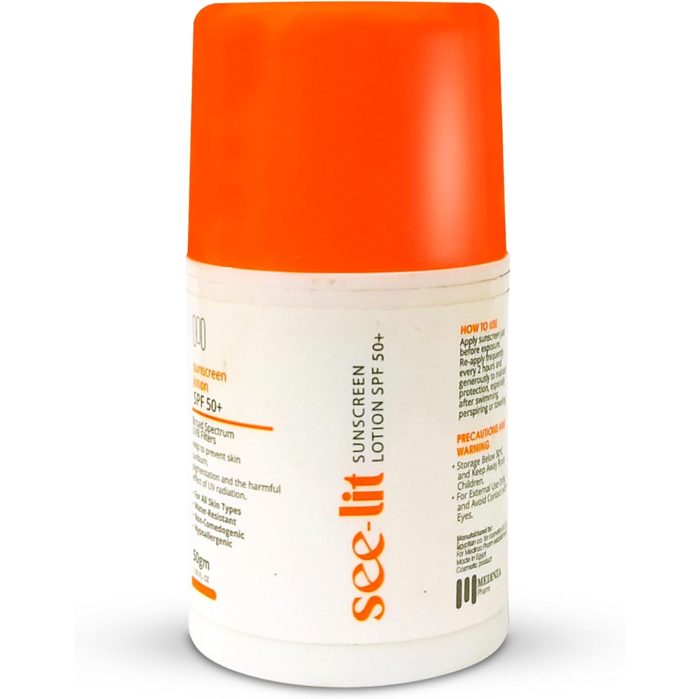 See-lit SPF 50+ Sunscreen Lotion for face, 50g, in a white tube with blue and yellow accents, designed for facial skin protection.