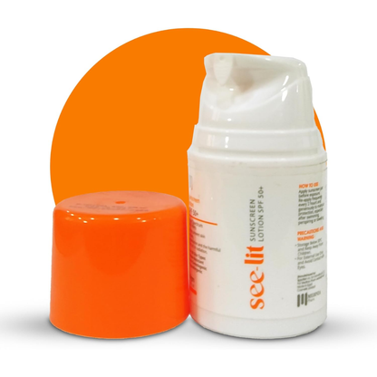 See-lit SPF 50+ sunscreen lotion for face in 50g tube, providing high sun protection for facial skincare.