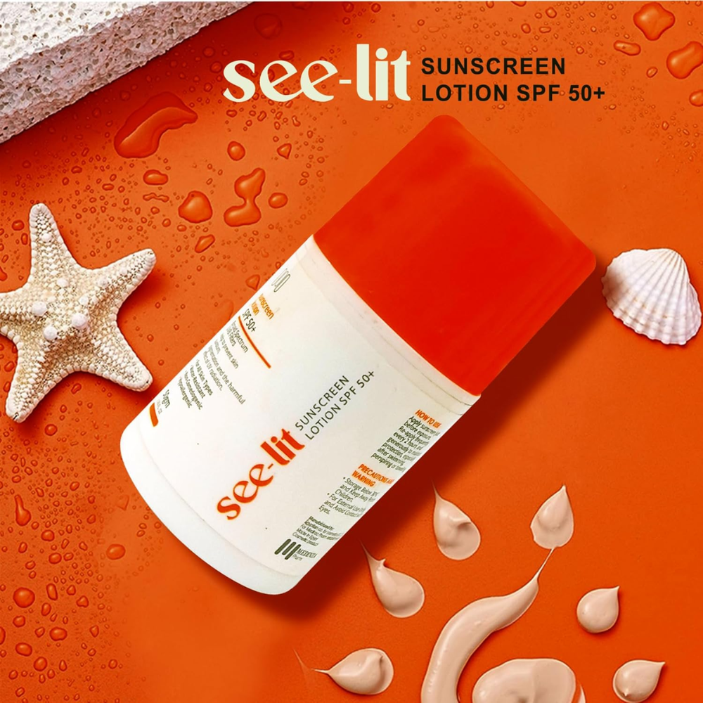 See-lit SPF 50+ facial sunscreen lotion in a 50g tube, designed for sun protection and skin care.