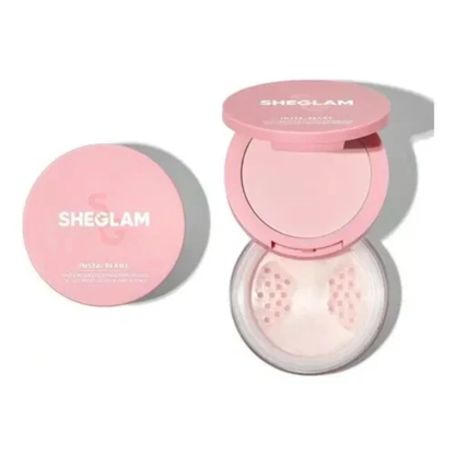 SheGlam Insta Ready face and under-eye setting powder duo in bubblegum, featuring pink makeup powders for a flawless finish.