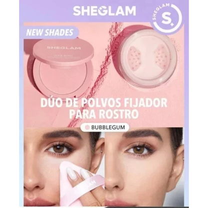SheGlam Insta Ready face and under-eye setting powder duo in bubblegum, featuring compact makeup with pink-toned powders.
