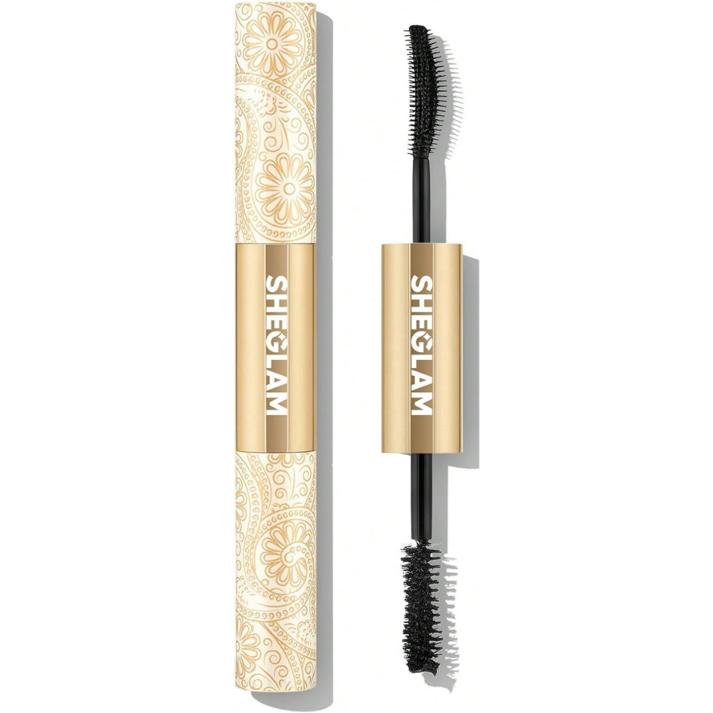 Sheglam 24K Multi Effect Waterproof Black Mascara showing the mascara wand and black mascara on a makeup brush.
