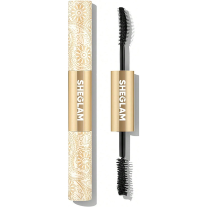 Sheglam 24K Multi Effect Waterproof Black Mascara showing the mascara wand and black mascara on a makeup brush.