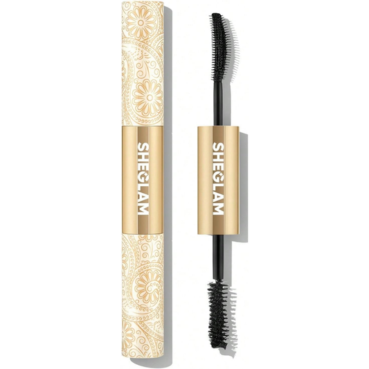 Sheglam 24K Multi Effect Waterproof Black Mascara showing the mascara wand and black mascara on a makeup brush.