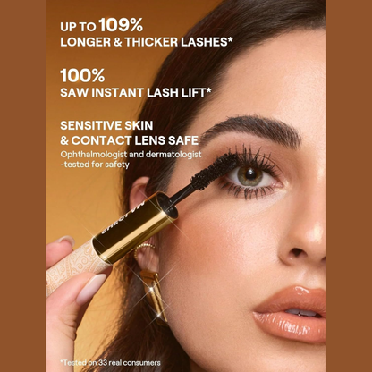 Sheglam 24K Multi Effect Waterproof Black Mascara with volumizing and lengthening brush for bold, long-lasting eyelashes.